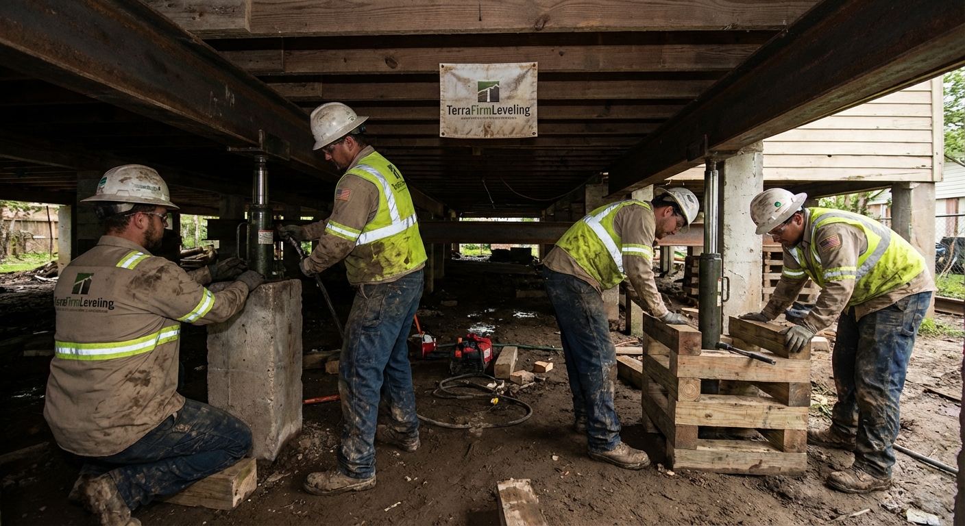 TerraFirmLeveling crew performing foundation leveling under a League City home.