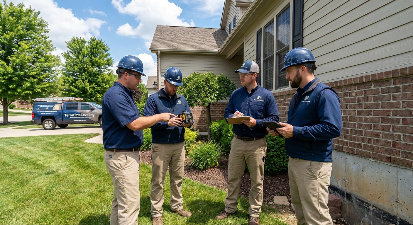 Professional foundation repair team from TerraFirmLeveling evaluating a suburban League City home exterior.