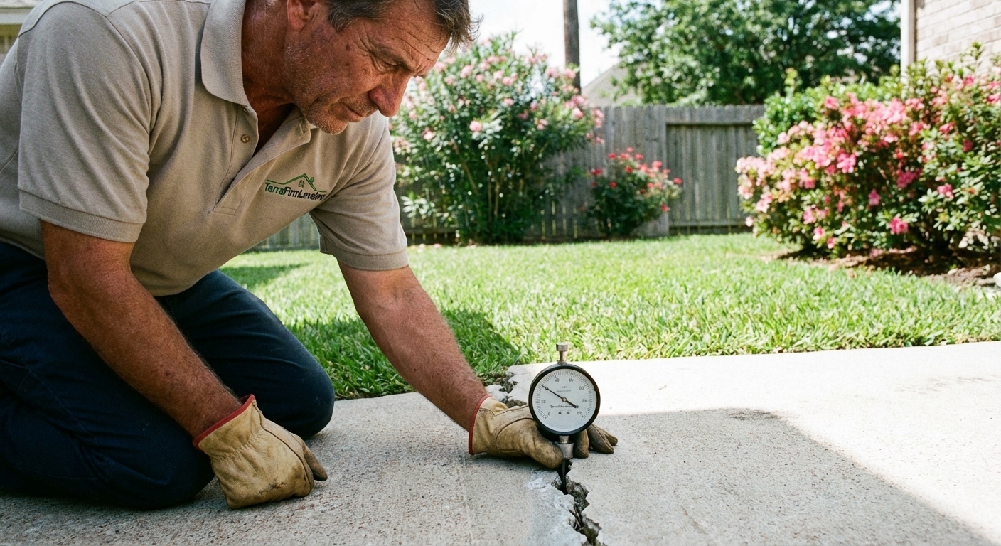 Close-up view of foundation cracks being assessed by a TerraFirmLeveling technician in League City.
