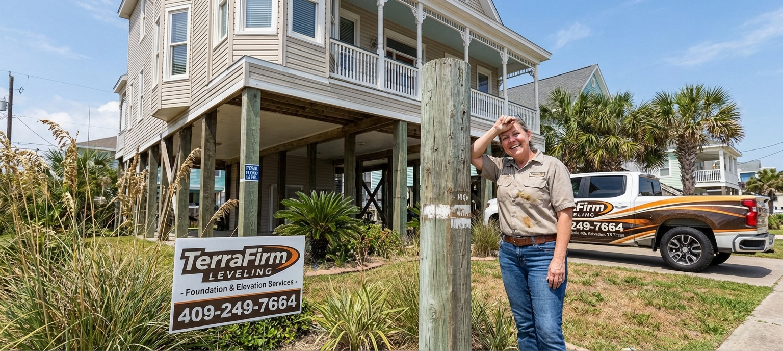 A Galveston homeowner stands beside their elevated house, now raised above FEMA flood level, with TerraFirmLeveling signage and a visible storm surge marker in the yard.