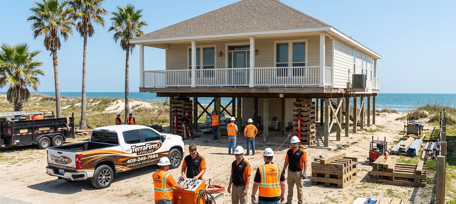 A professional crew from TerraFirmLeveling lifting a coastal home in Galveston, TX using advanced hydraulic jacks, with safety barriers and branded TerraFirmLeveling truck visible. The background shows palm trees and a glimpse of the Gulf Coast, emphasizing flood-prone area.