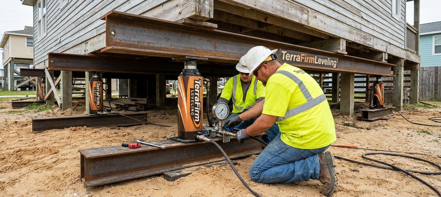 Close-up of hydraulic lifting equipment in use beneath a home in Galveston, operated by TerraFirmLeveling professionals, highlighting engineered systems for Gulf Coast soil.