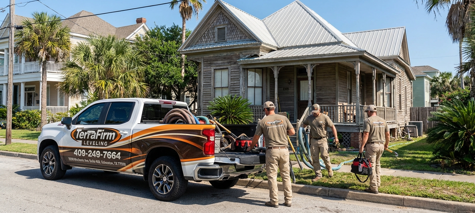 TerraFirmLeveling service truck parked in a Galveston neighborhood, with crew preparing for a foundation repair job in 2026.