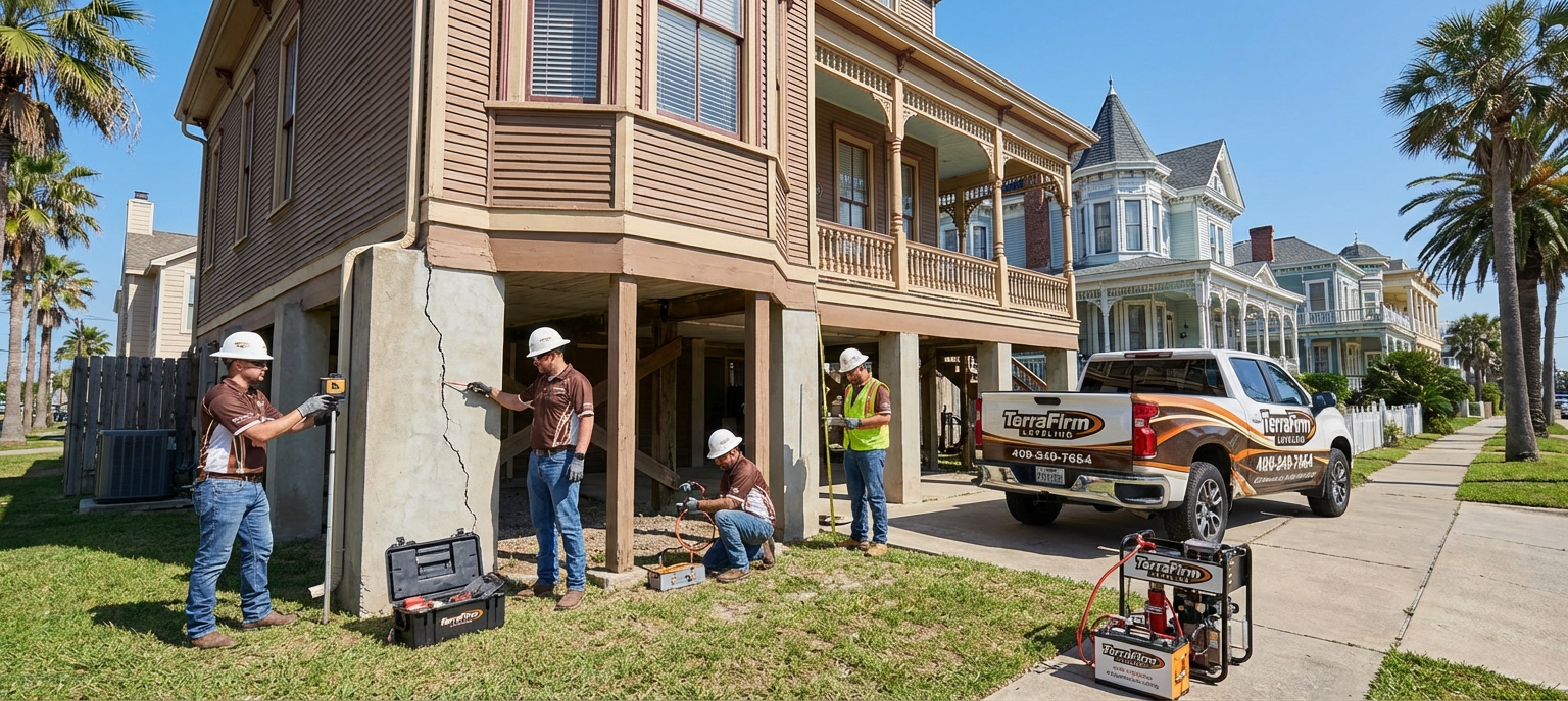 TerraFirmLeveling crew inspecting a historic Galveston home foundation in 2026, highlighting their expertise and professionalism.