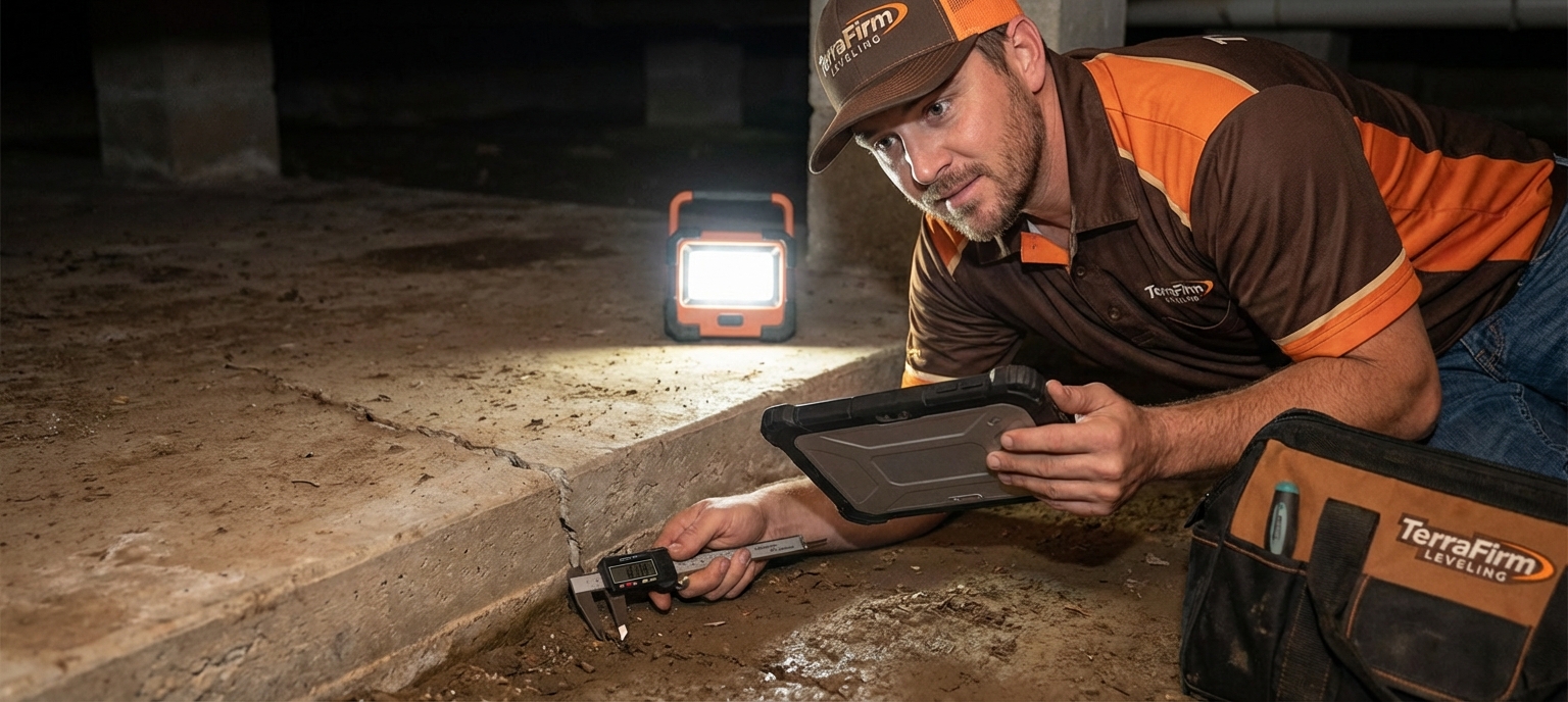 Close-up of TerraFirmLeveling technician using advanced tools to assess a cracked concrete slab in a Galveston home's crawl space.