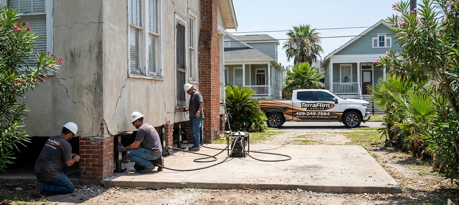 TerraFirmLeveling team performing house leveling on a slab foundation in a Galveston residential neighborhood after a storm