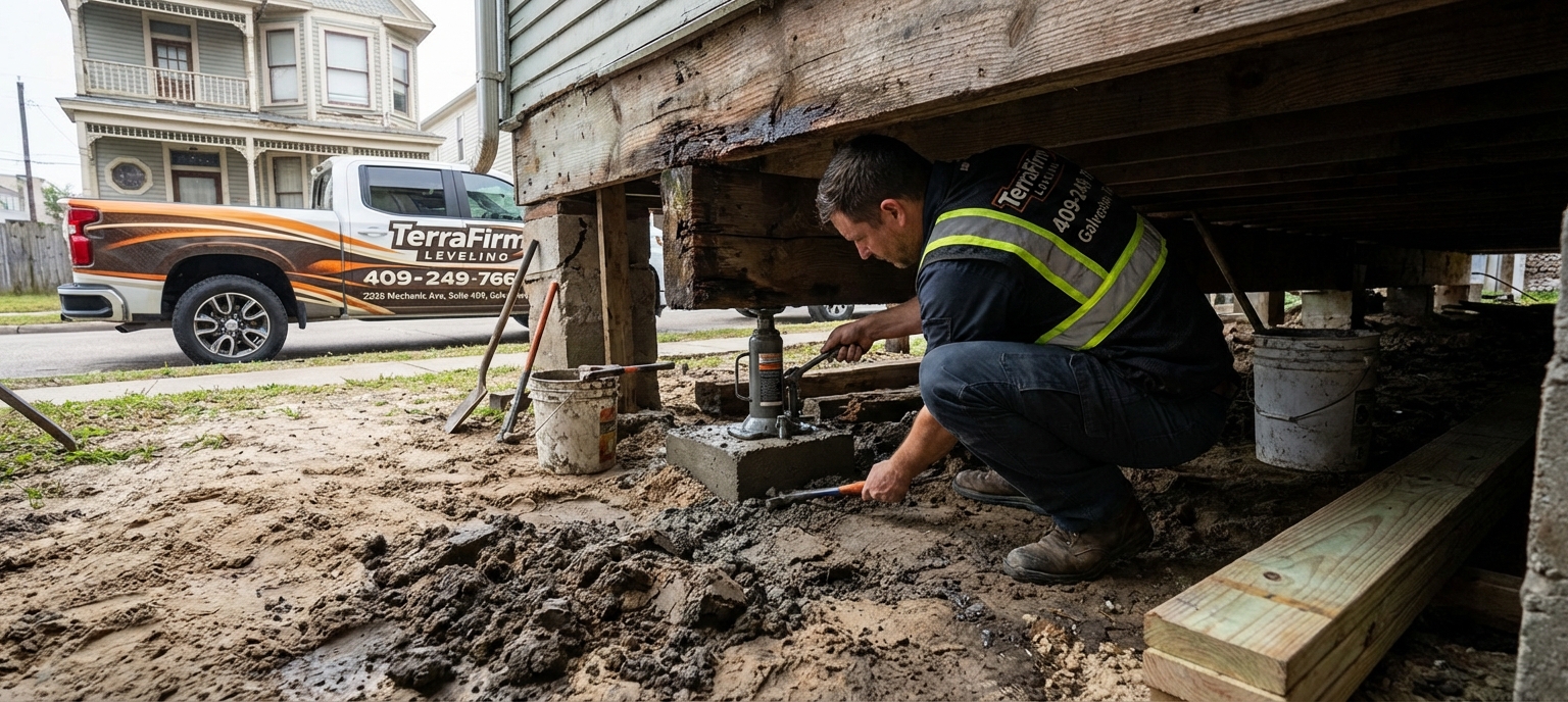 Close-up of TerraFirmLeveling technician repairing pier and beam foundation under a historic Galveston house, using professional tools