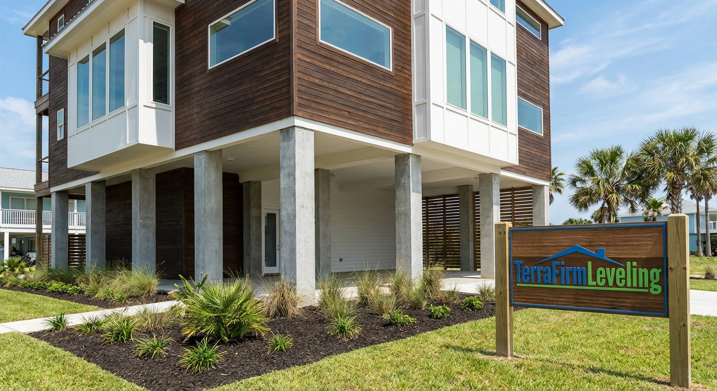 After elevation: a modern Jamaica Beach home securely raised above flood level, with clear space beneath and TerraFirmLeveling signage on site.