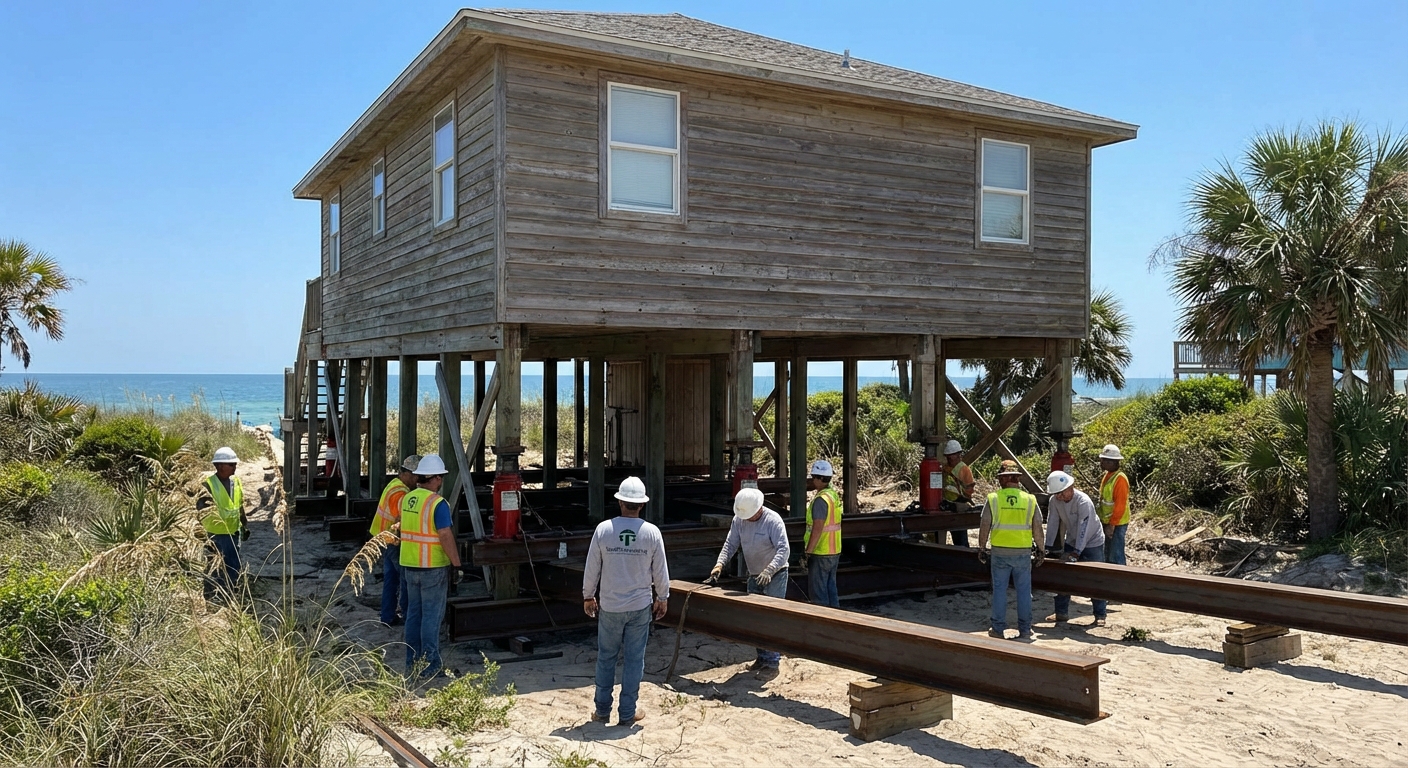 A professional crew from TerraFirmLeveling carefully lifting a coastal house in Jamaica Beach, Texas, using hydraulic jacks and sturdy support beams. The house is raised above ground level with the Gulf of Mexico in the background, demonstrating flood mitigation efforts.