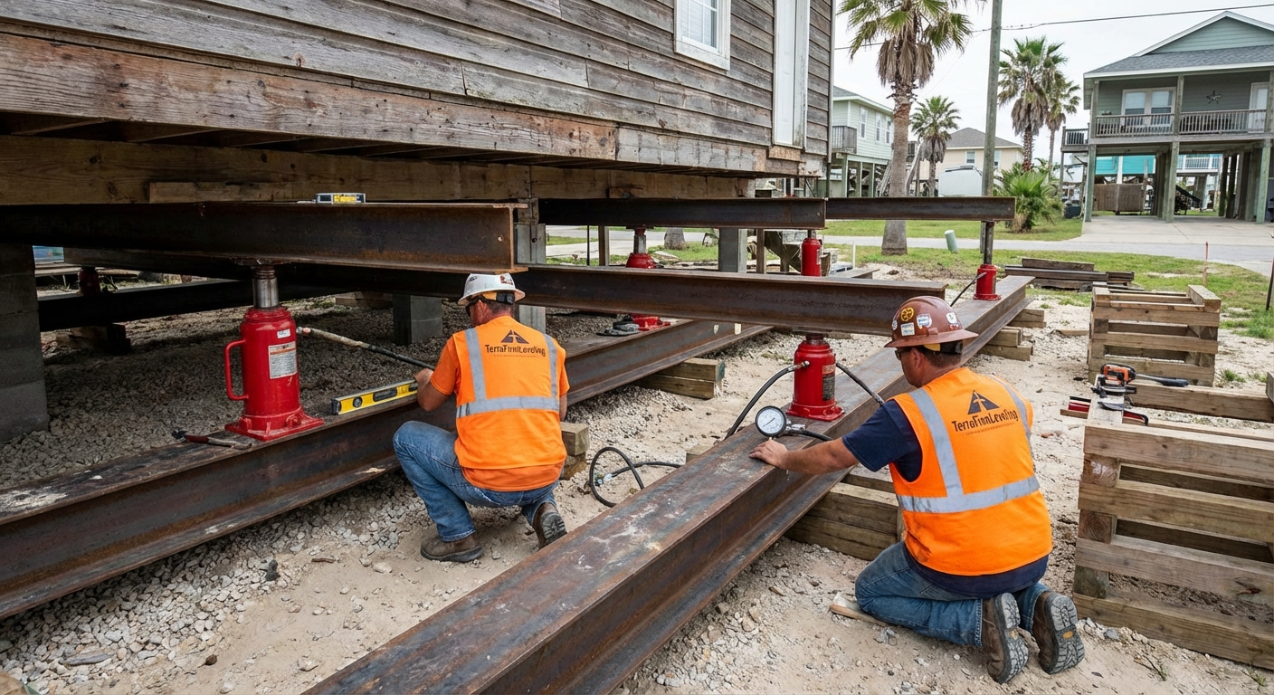Close-up of the house lifting process in Jamaica Beach, featuring hydraulic equipment and TerraFirmLeveling workers adjusting supports beneath a raised home.