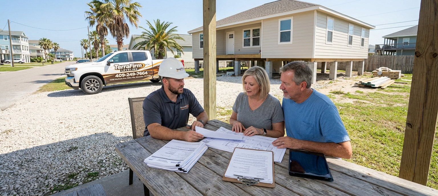TerraFirmLeveling project manager reviewing FEMA elevation certificates with Galveston homeowners at a raised slab home.