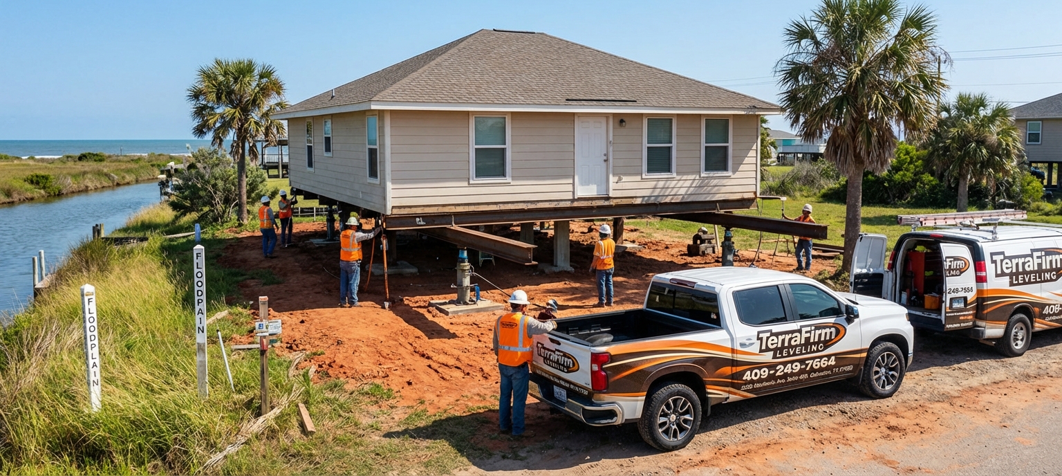 Professional crew from TerraFirmLeveling preparing to elevate a slab home in Galveston, Texas, with floodplain markers and coastal clay soil visible.