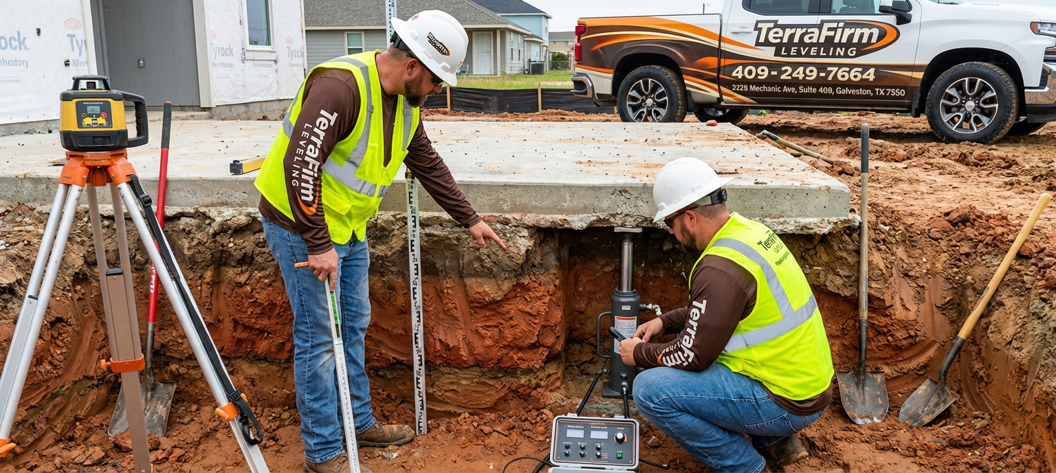 Close-up of TerraFirmLeveling technicians examining the foundation of a Galveston slab home, showing clay soil layers and elevation equipment.