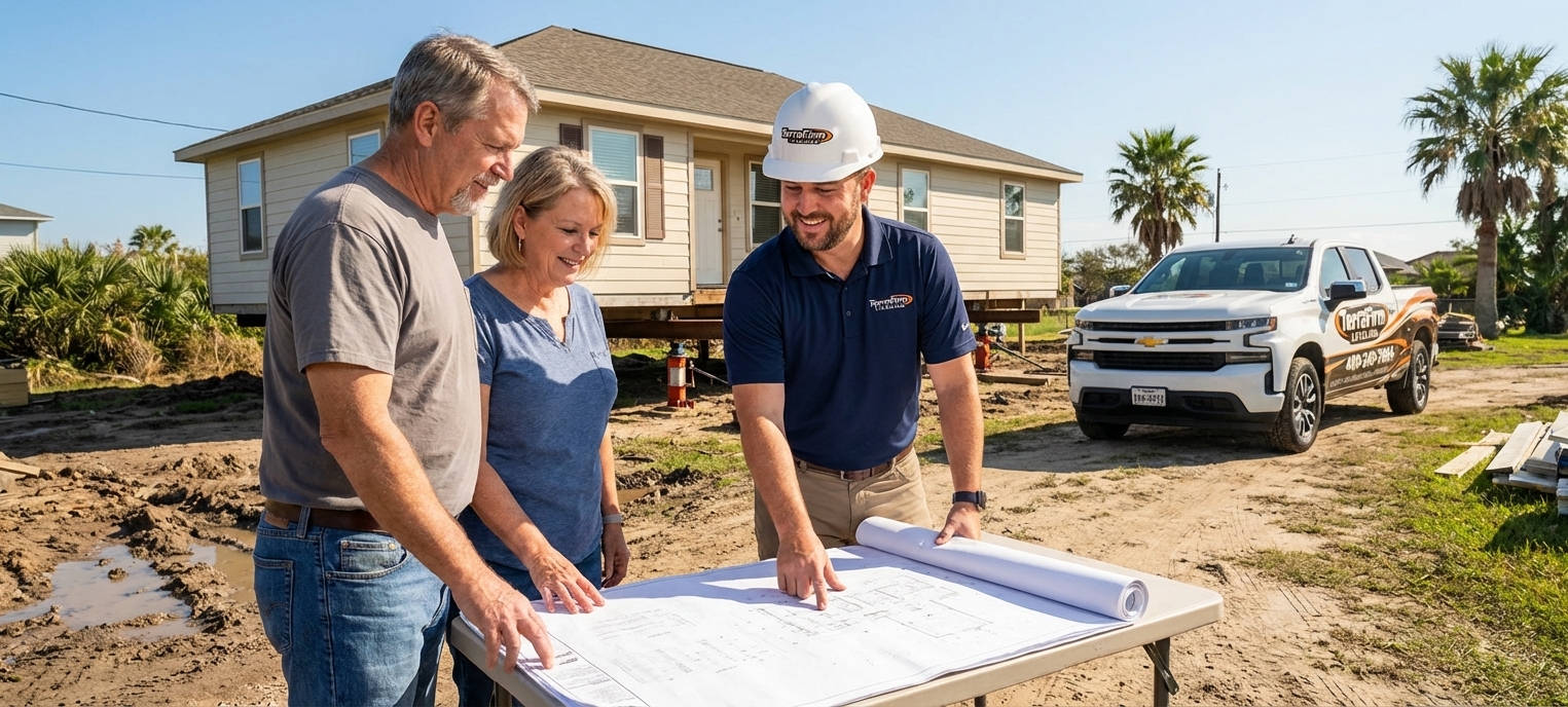 Homeowners consult with a TerraFirmLeveling project manager at a construction site, reviewing plans for moving their house to a new foundation.