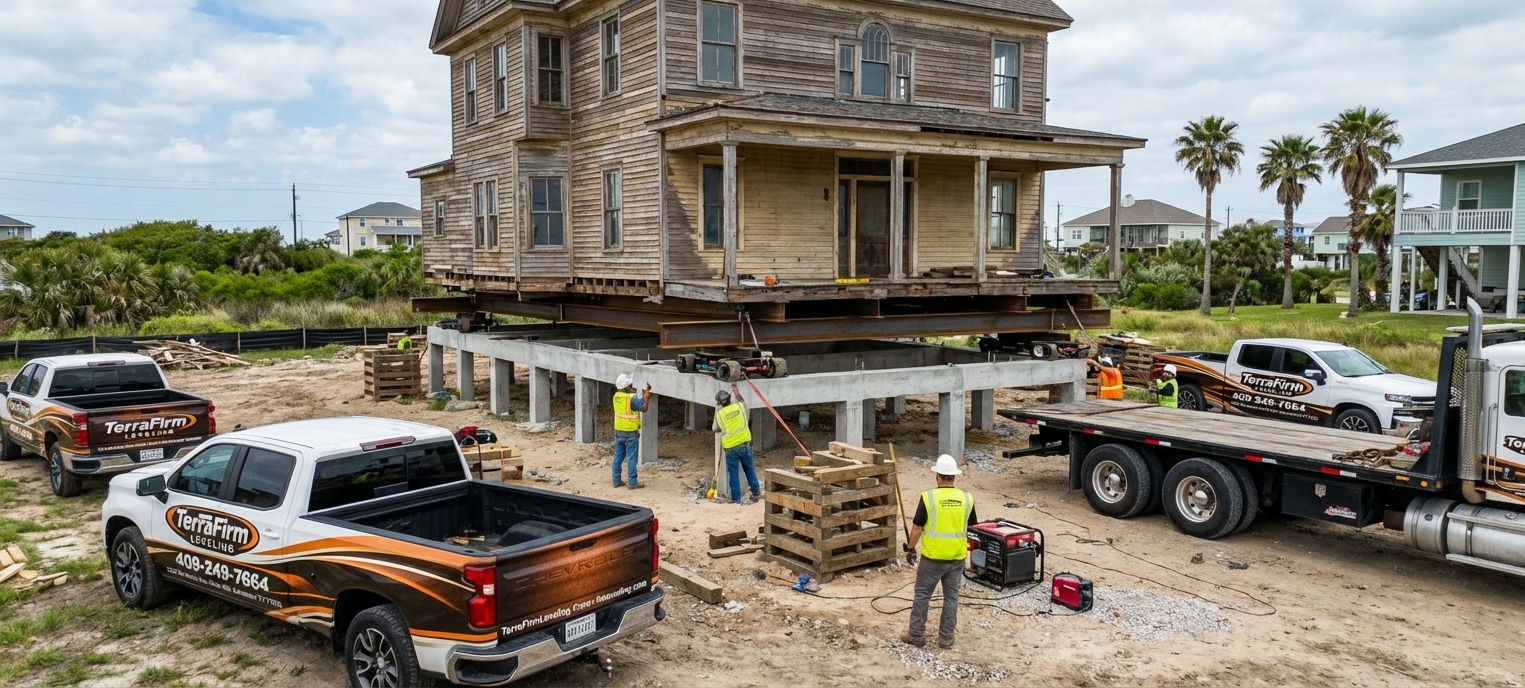 A professional crew from TerraFirmLeveling carefully moves a classic Galveston County home onto a new concrete foundation, with branded trucks and equipment visible.