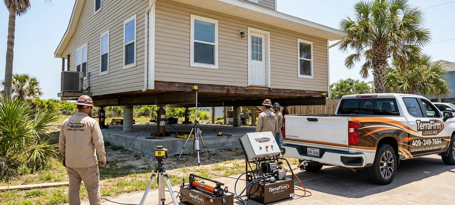TerraFirmLeveling specialists using advanced leveling equipment to ensure a house is perfectly aligned on its new foundation.
