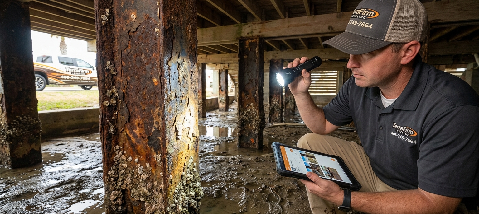 Corroded metal piers under a Galveston County house, with a TerraFirmLeveling inspector using a flashlight during a professional evaluation.
