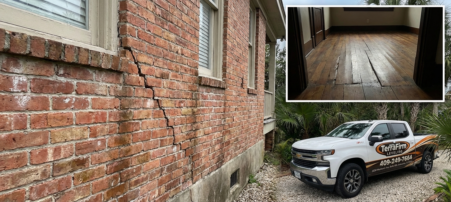 Cracks in a brick exterior wall and uneven floors inside a Gulf Coast home, visual signs of foundation movement.