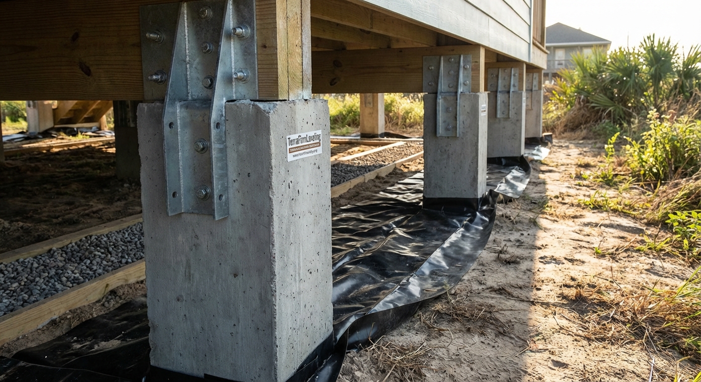 A close-up, photorealistic image of the underside of a newly elevated house in Galveston, TX, showcasing reinforced concrete piers and flood-resistant construction details.