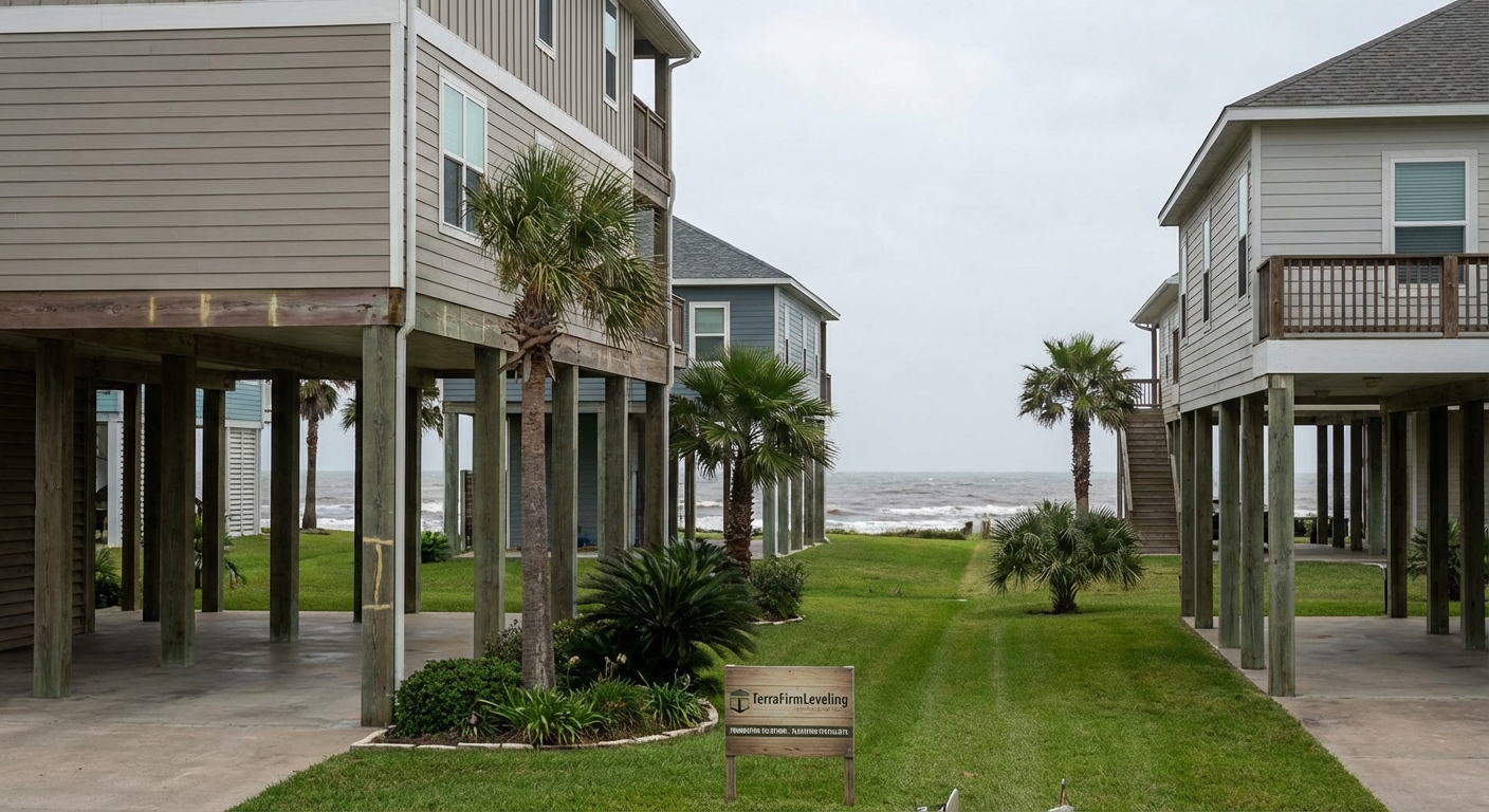 A professional photo of a Galveston, TX neighborhood with elevated coastal houses, clear skies, and visible flood barriers, highlighting the importance of house raising for flood protection.