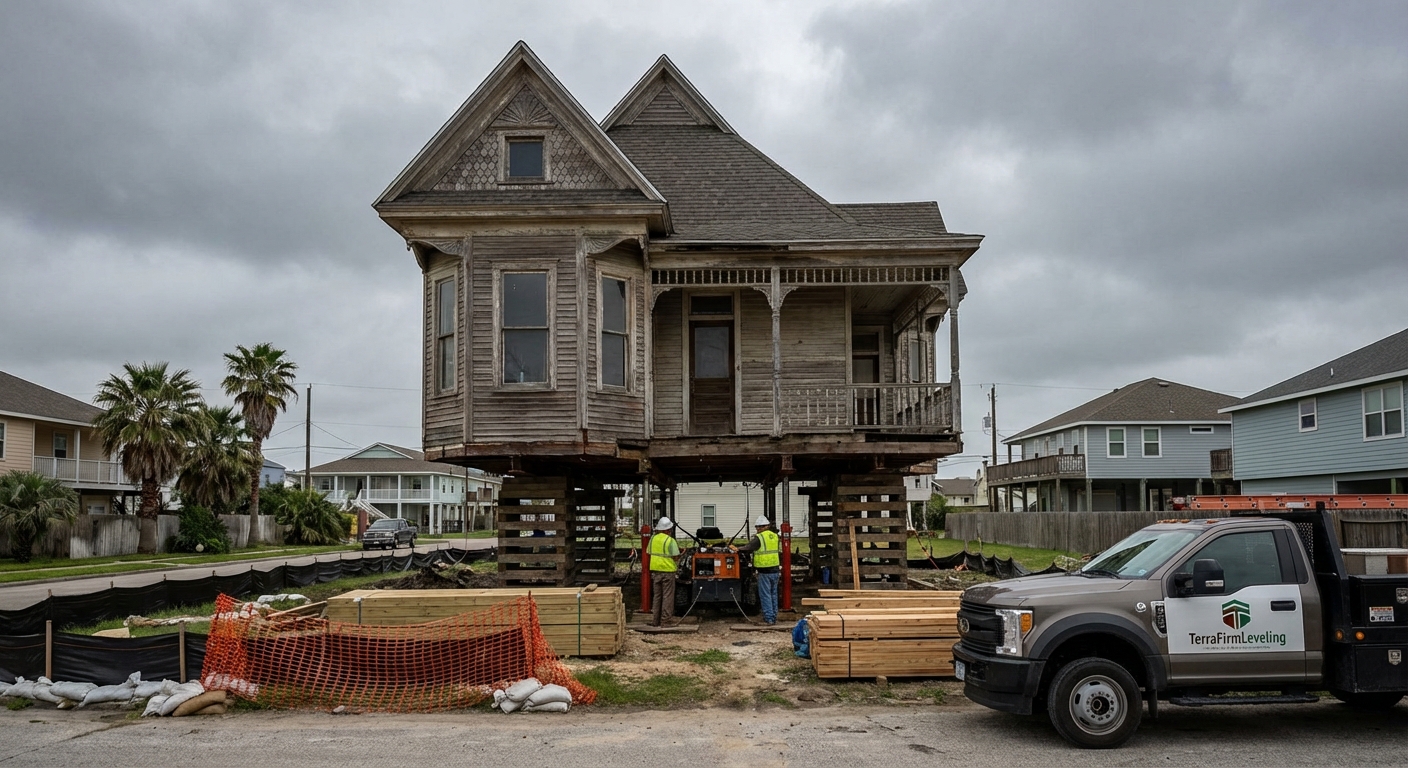 A realistic scene of a home elevation project in progress in Galveston, TX, with workers carefully lifting a house above ground level using hydraulic jacks and safety equipment.