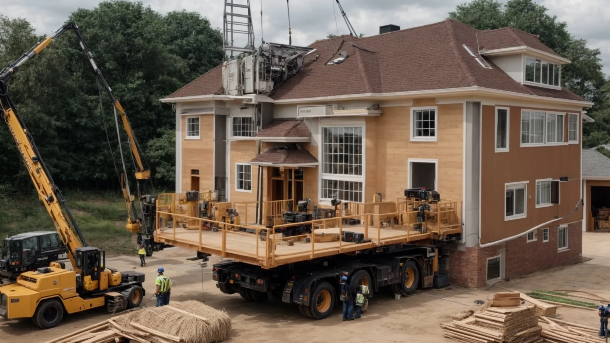 a house being lifted by a crane with a professional team around, evaluating the process.