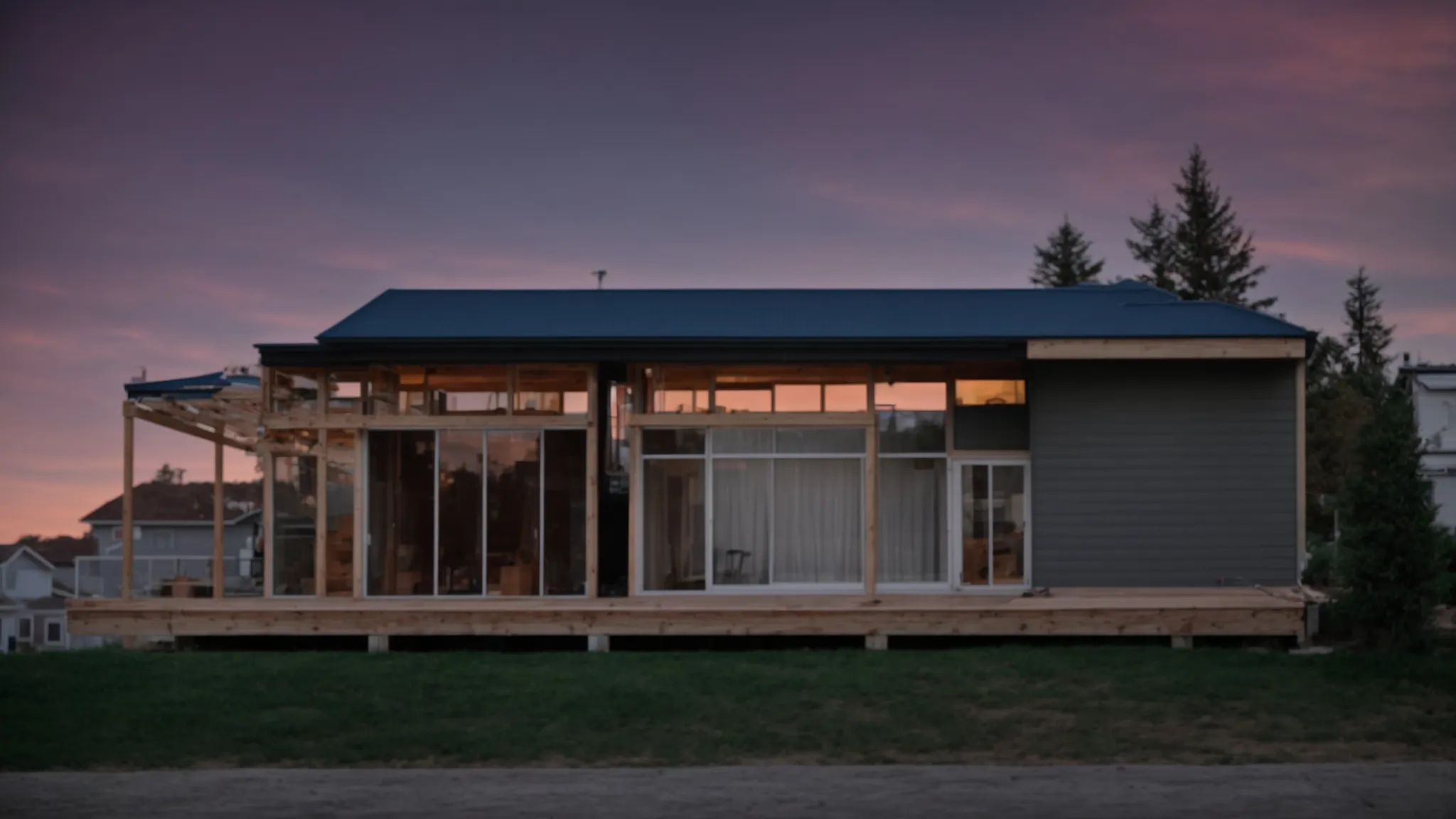 a house being elevated with construction supports while the sun sets in the background.
