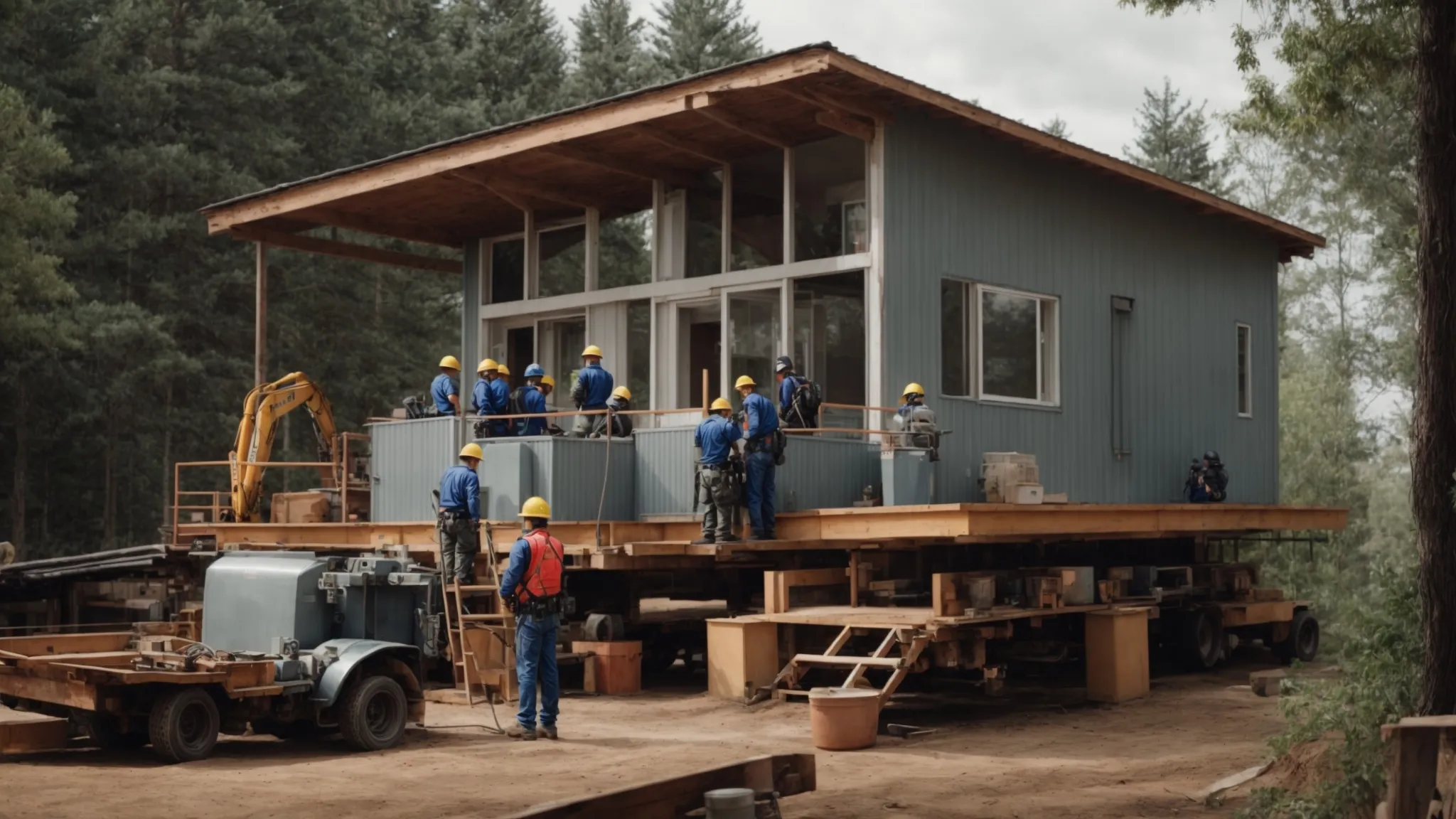 a house securely elevated on stable supports while a team in safety gear operates machinery and discusses plans.