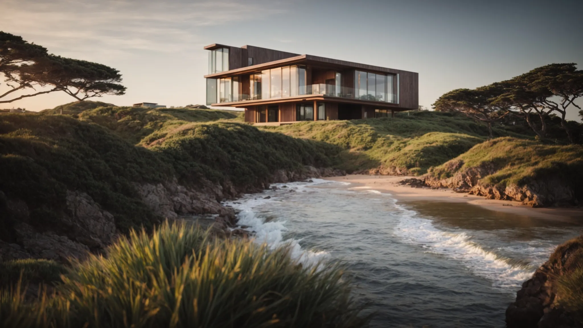 a modern house, perched atop sturdy stilts, overlooks a serene coastal landscape, embodying advanced elevation techniques against a backdrop of innovation and sustainability.