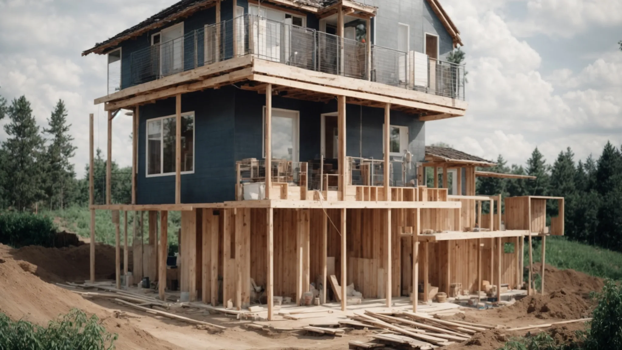 a house is lifted high above the ground as a new foundation is constructed beneath it.