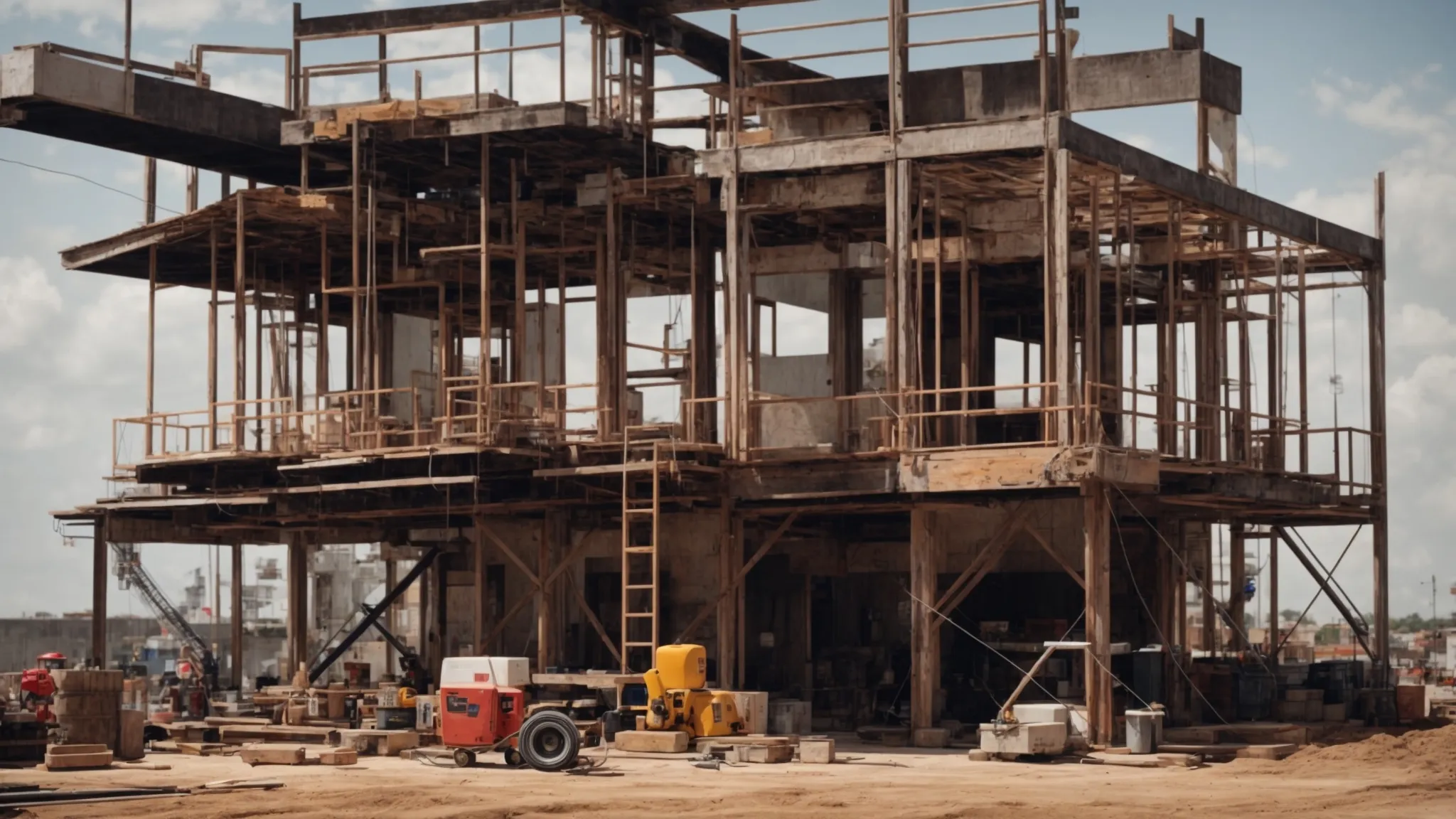a house sits above its foundation on steel beams, supported by hydraulic jacks, amidst a construction site dotted with tools and equipment.