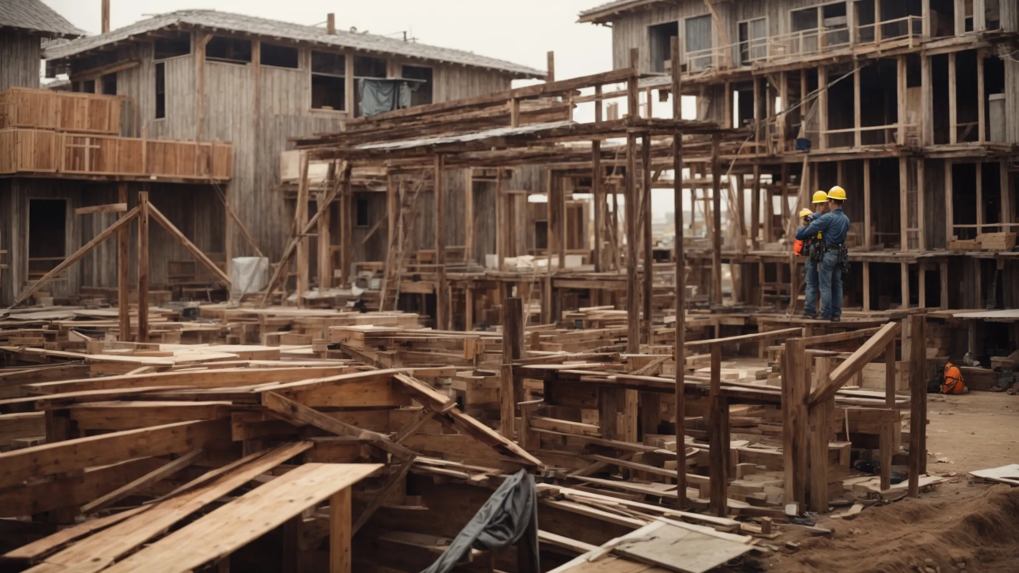 a house securely perched on sturdy beams as workers navigate the space below, surrounded by construction equipment.