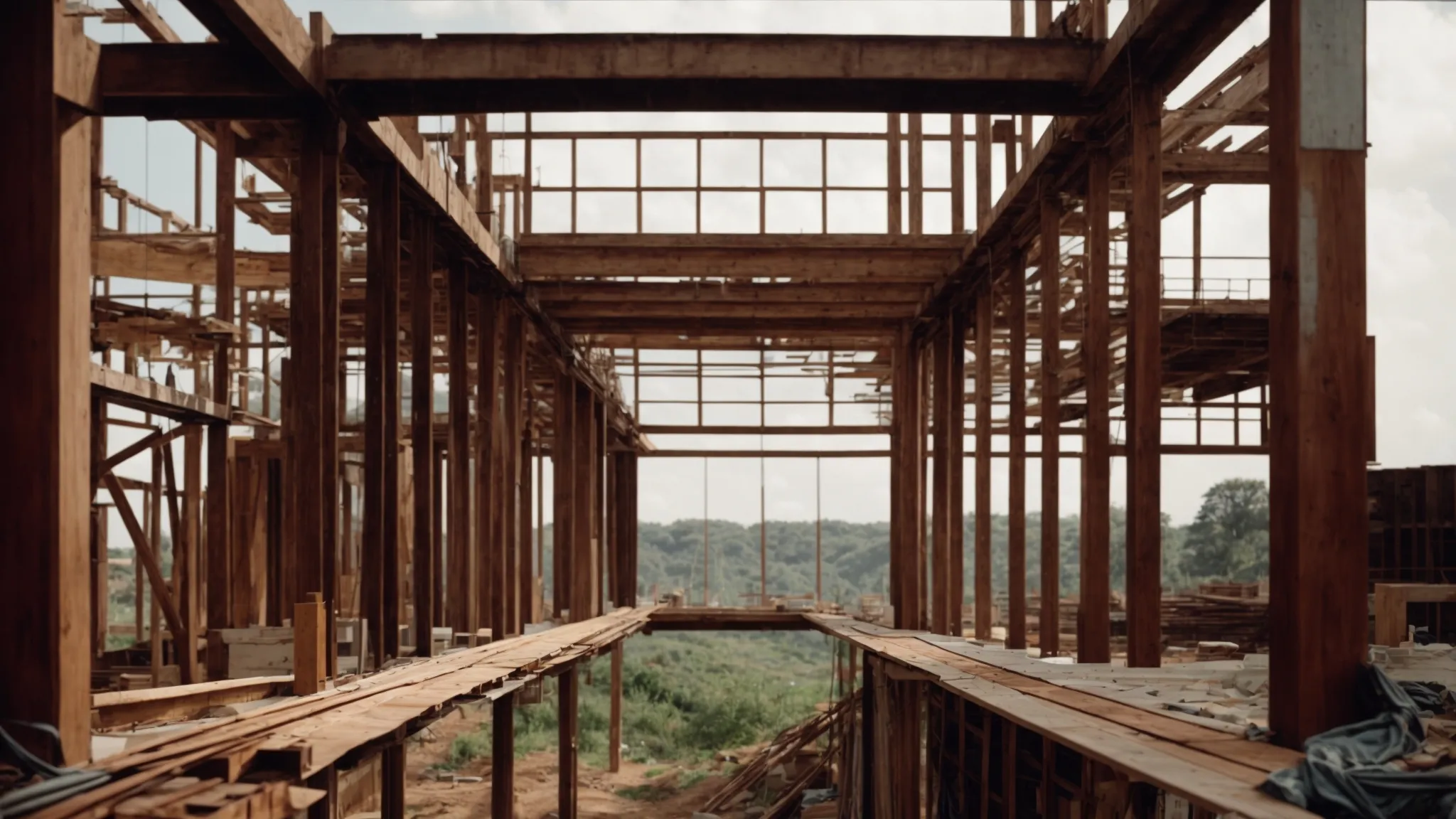 a house is suspended above the ground with large steel beams visible underneath, in a clear, open construction site.