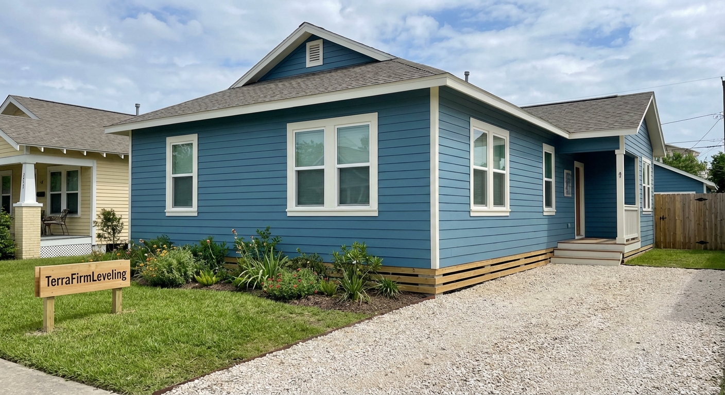 A leveled and renovated Galveston home with a TerraFirmLeveling sign in the yard, showcasing increased curb appeal and structural integrity.