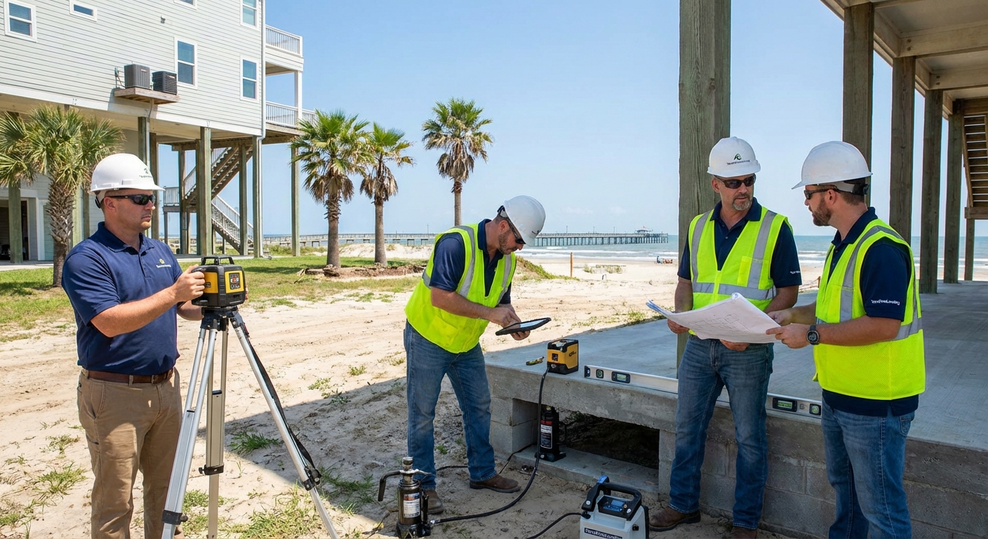 A team of professional contractors from TerraFirmLeveling assessing the foundation of a Galveston home with modern leveling equipment, with the Gulf Coast visible in the background.