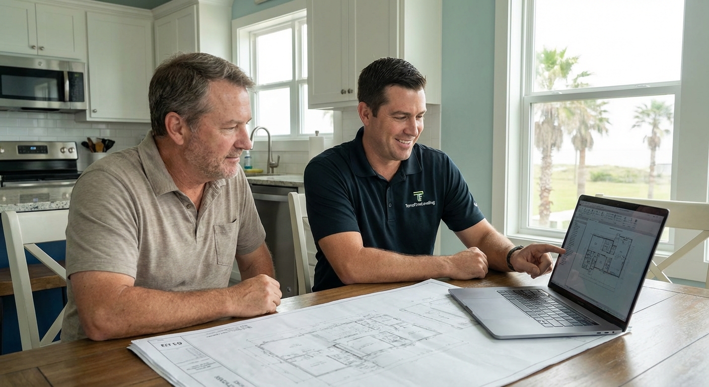 A homeowner in Galveston discussing foundation leveling options with a TerraFirmLeveling expert, reviewing blueprints and digital plans at a kitchen table.